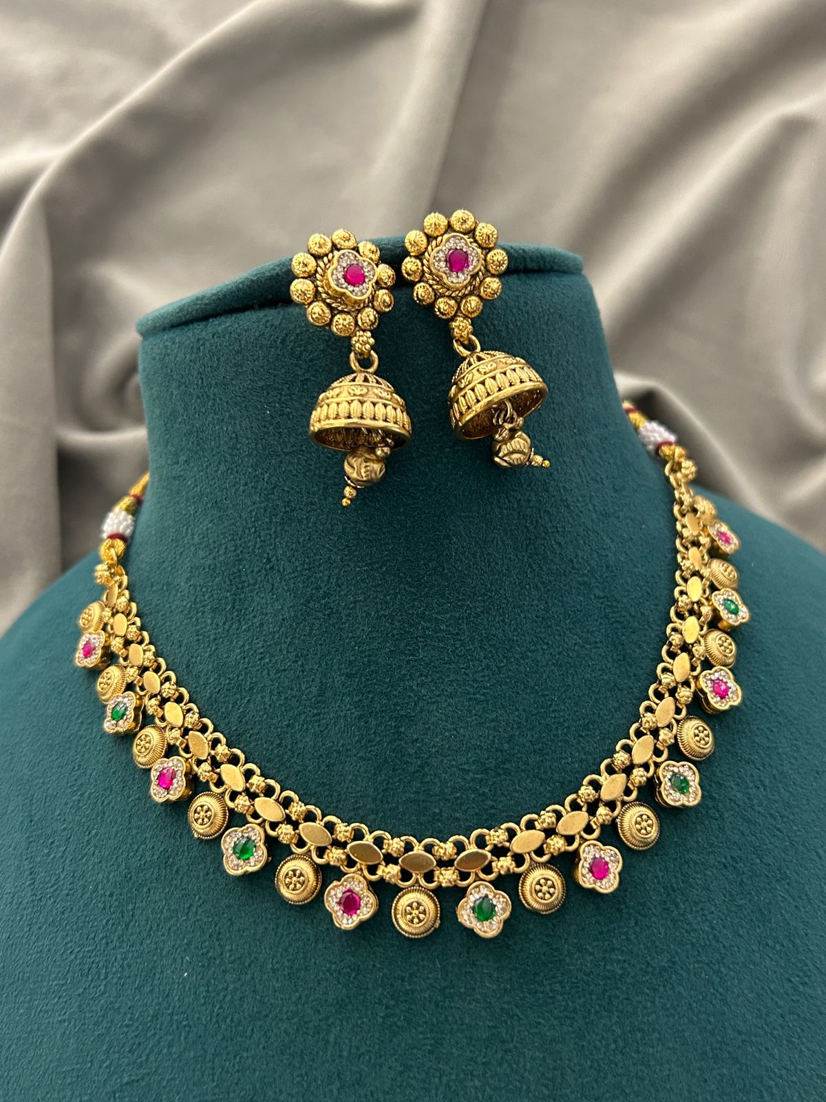 Antique Gold Ruby & Emerald Temple Necklace Set with Jhumka Earrings